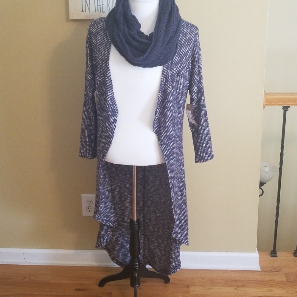 Blue knit long sweater coat with scarf